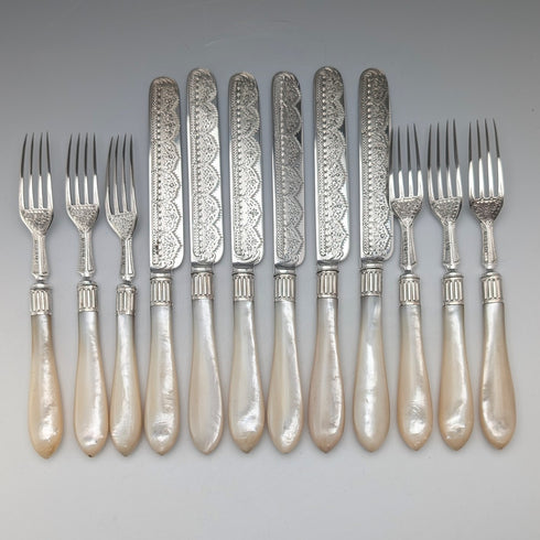 1876 British antique sterling silver blade and white mother of pearl handle cutlery set of 6 in wooden box by James Dixon & Sons